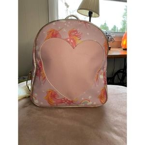 Betsey Johnson Pink Pastel Heart and Rainbow Unicorn Backpack.